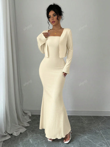 Solid Color Elegant Slim Fit Mermaid Tail Hem Cami Dress And Short Front Flap Long Sleeves Jacket Coat Two Piece Set,2024 Autumn And Winter New Women's Clothing