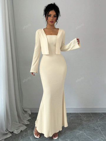 Solid Color Elegant Slim Fit Mermaid Tail Hem Cami Dress And Short Front Flap Long Sleeves Jacket Coat Two Piece Set,2024 Autumn And Winter New Women's Clothing