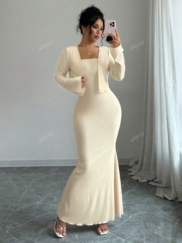 Solid Color Elegant Slim Fit Mermaid Tail Hem Cami Dress And Short Front Flap Long Sleeves Jacket Coat Two Piece Set,2024 Autumn And Winter New Women's Clothing