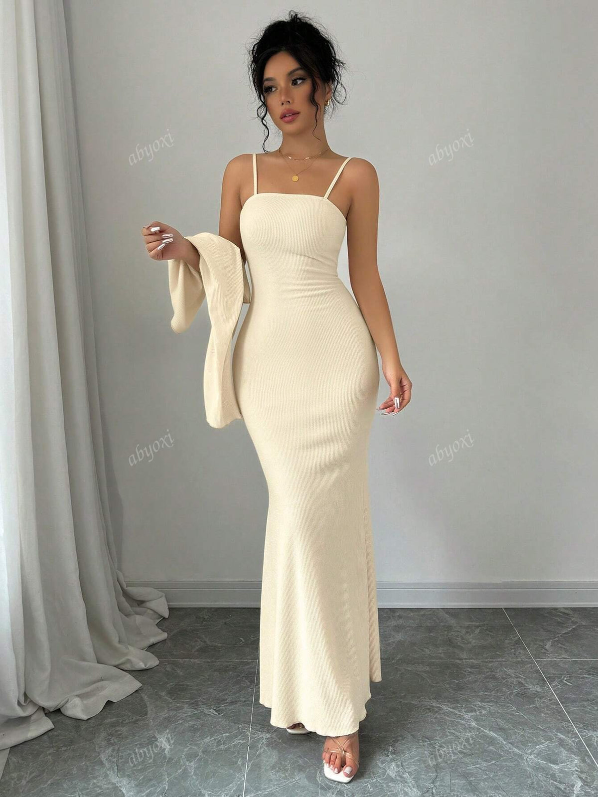 Solid Color Elegant Slim Fit Mermaid Tail Hem Cami Dress And Short Front Flap Long Sleeves Jacket Coat Two Piece Set,2024 Autumn And Winter New Women's Clothing