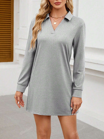 Solid Color Elegant Turn-Down Collar Long Sleeve Casual Plain Sweatshirt Dress