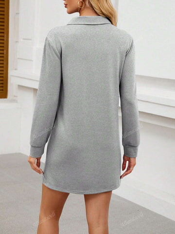 Solid Color Elegant Turn-Down Collar Long Sleeve Casual Plain Sweatshirt Dress