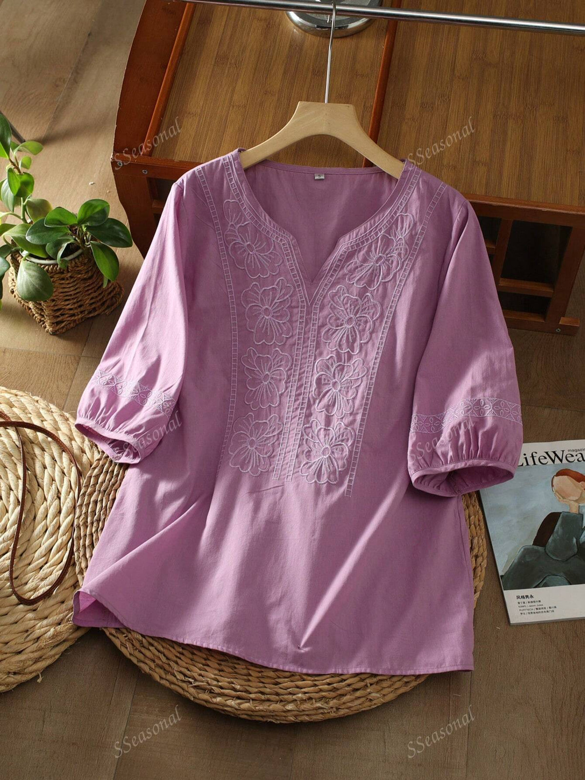 Solid Color Floral Embroidery Ruffle Back Shirt, Casual Everyday Wear