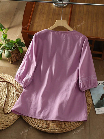 Solid Color Floral Embroidery Ruffle Back Shirt, Casual Everyday Wear