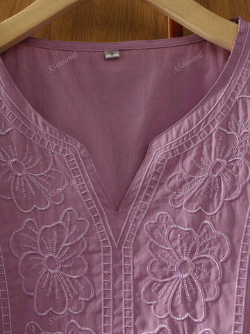 Solid Color Floral Embroidery Ruffle Back Shirt, Casual Everyday Wear