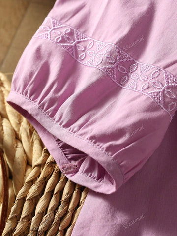 Solid Color Floral Embroidery Ruffle Back Shirt, Casual Everyday Wear