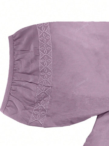 Solid Color Floral Embroidery Ruffle Back Shirt, Casual Everyday Wear