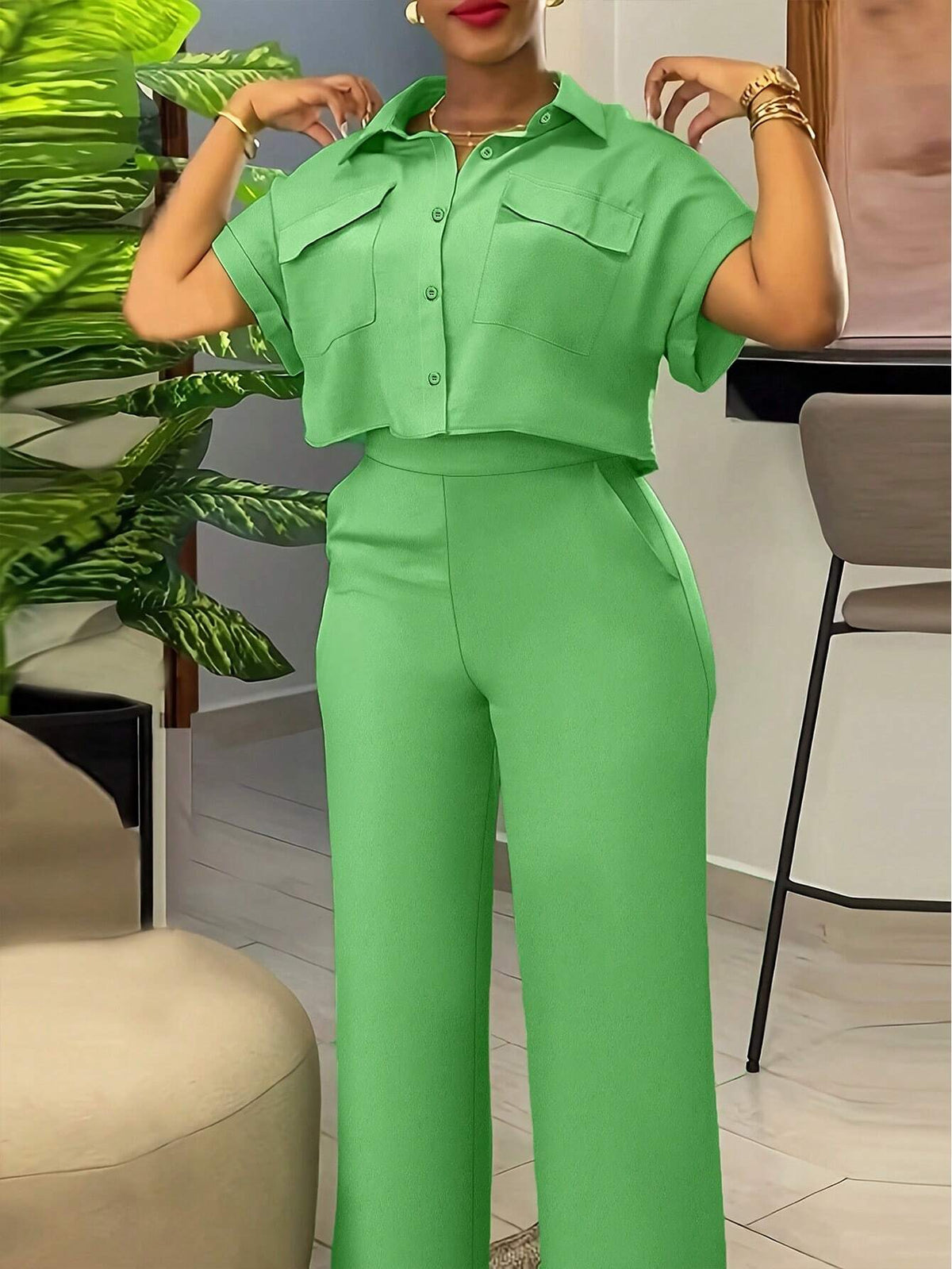 Solid Color Front Buttoned Turn Down Collar Top And Long Pants Two Piece Set