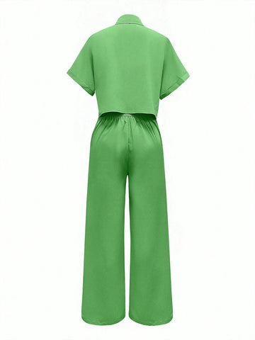 Solid Color Front Buttoned Turn Down Collar Top And Long Pants Two Piece Set