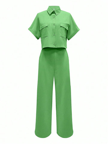 Solid Color Front Buttoned Turn Down Collar Top And Long Pants Two Piece Set