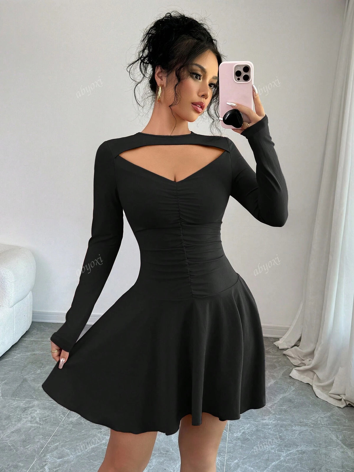 Solid Color Front Cut Out Ruched Long Sleeve Ruffle Hem Slim Fit Dress,Party,Christmas,Valentine's Day,2024 Autumn And Winter New Women's Clothing