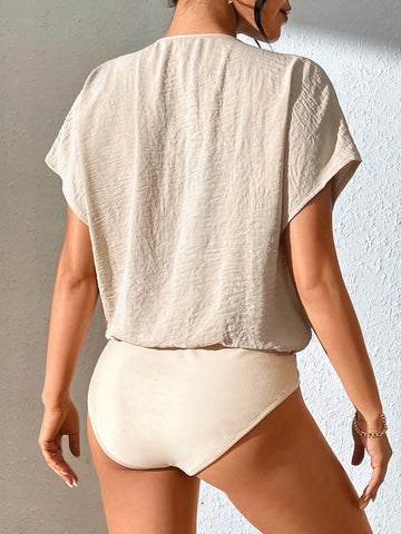 Solid Color Half Zipper Short Bodysuit
