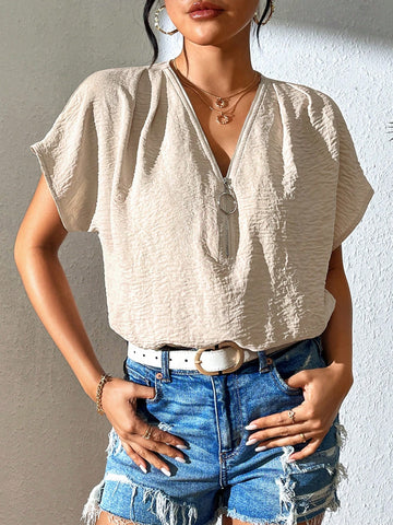 Solid Color Half Zipper Short Bodysuit