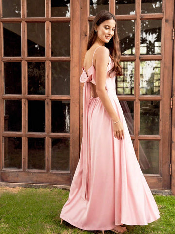 Solid Color High Side Slit Satin Cami Bridesmaid Dress