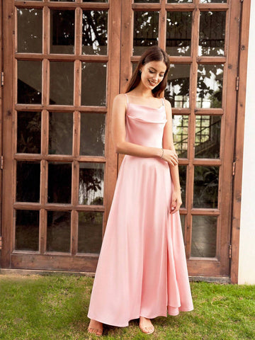 Solid Color High Side Slit Satin Cami Bridesmaid Dress