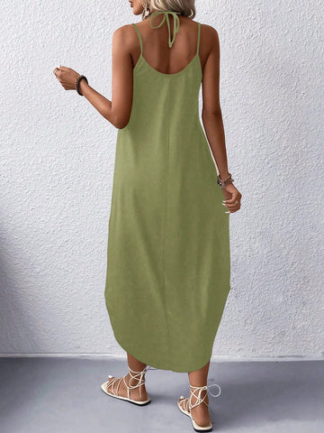 Solid Color High Slit Halter Neck Maxi Dress