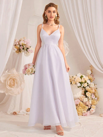 Solid Color High Waist A-Line Wedding Dress With Spaghetti Straps
