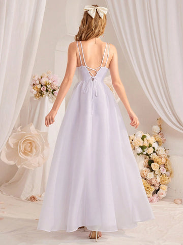 Solid Color High Waist A-Line Wedding Dress With Spaghetti Straps