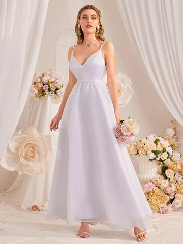 Solid Color High Waist A-Line Wedding Dress With Spaghetti Straps