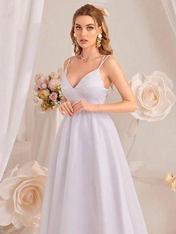 Solid Color High Waist A-Line Wedding Dress With Spaghetti Straps