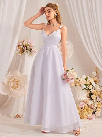 Solid Color High Waist A-Line Wedding Dress With Spaghetti Straps