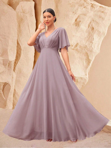 Solid Color High Waist Long Swing Formal Dress With Front And Back V-Neckline