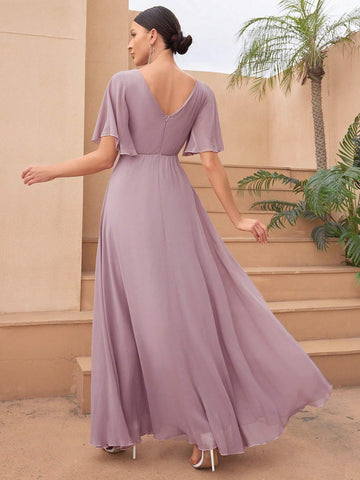 Solid Color High Waist Long Swing Formal Dress With Front And Back V-Neckline