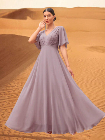Solid Color High Waist Long Swing Formal Dress With Front And Back V-Neckline