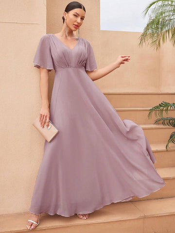 Solid Color High Waist Long Swing Formal Dress With Front And Back V-Neckline