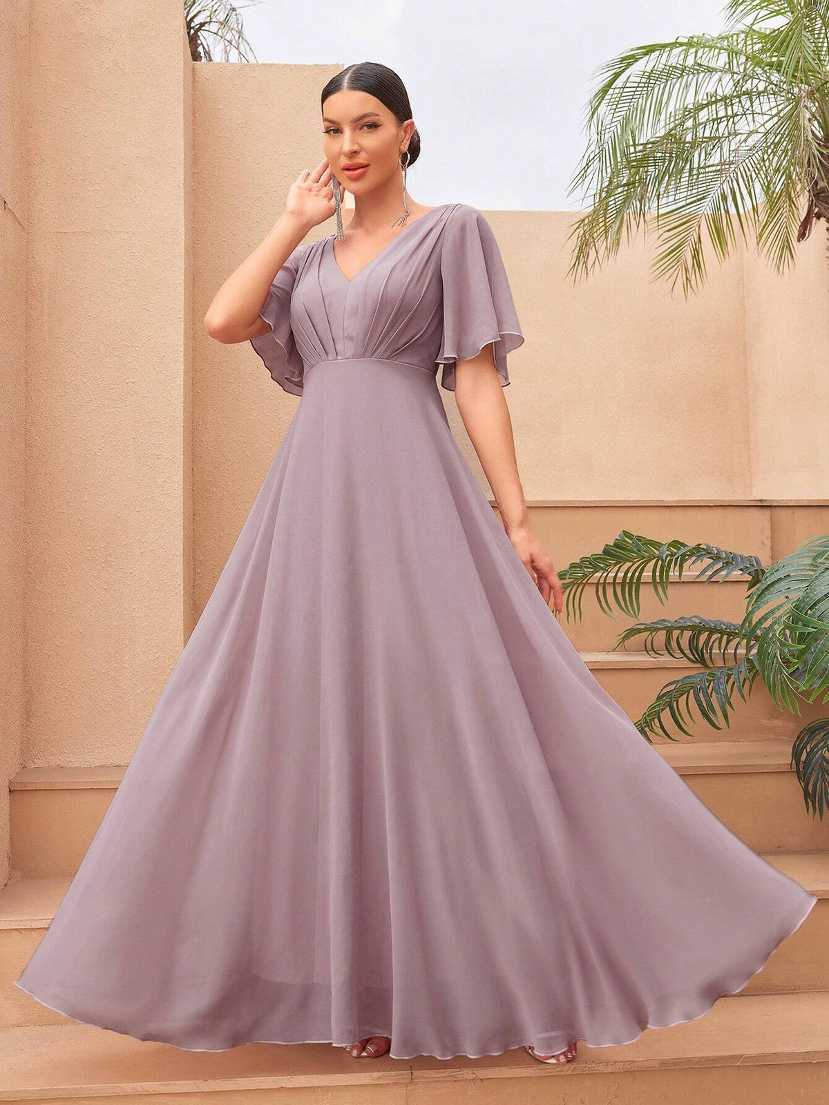 Solid Color High Waist Long Swing Formal Dress With Front And Back V-Neckline