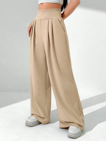 Solid Color High Waist Pleated Wide Leg Pants With Slant Pockets