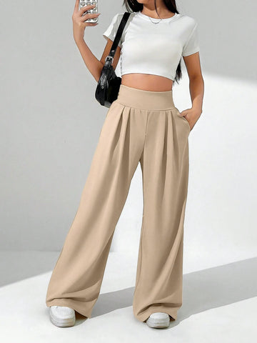 Solid Color High Waist Pleated Wide Leg Pants With Slant Pockets