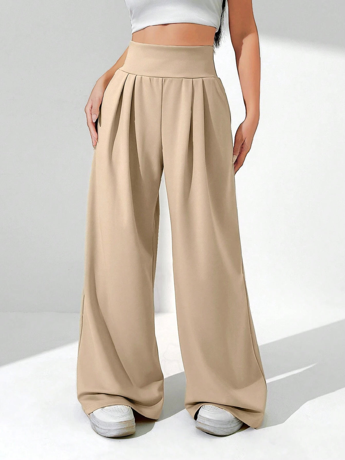 Solid Color High Waist Pleated Wide Leg Pants With Slant Pockets
