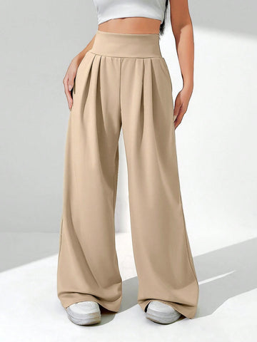 Solid Color High Waist Pleated Wide Leg Pants With Slant Pockets