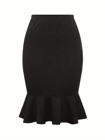 Solid Color High Waisted Ruffle Hem Bodycon Pencil Skir