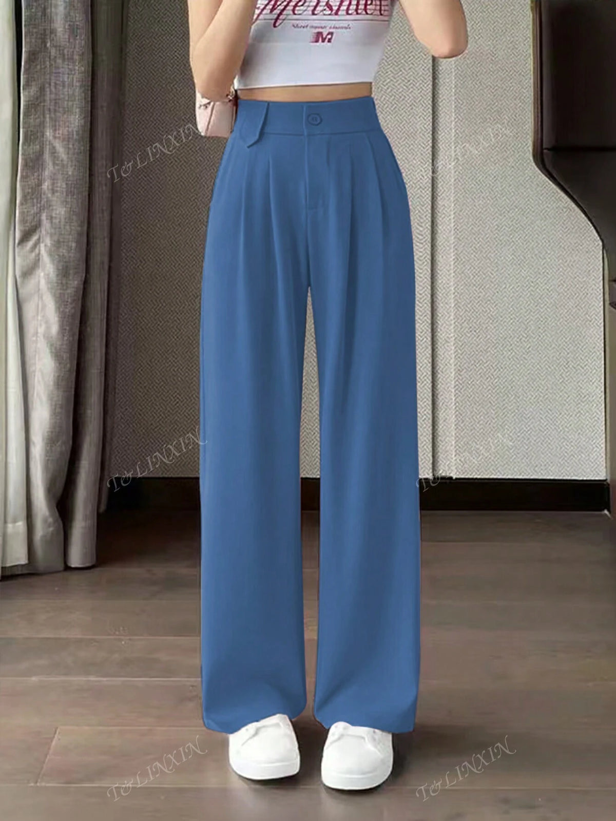 Solid Color High Waisted Straight Leg Pants