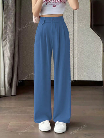 Solid Color High Waisted Straight Leg Pants