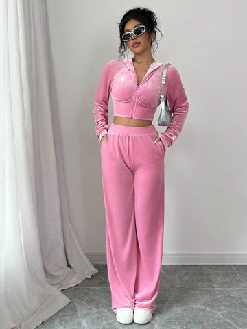 Solid Color Hooded Zipper Long Sleeved Tight Fitting Sports Casual Top And Wide Leg Pants Two-Piece Set, 2-Piece Set, Velvet Warm Fabric, Fashionable, Simple, Casual, Outdoor, Street, Sports, Daily, Hot Girl, Autumn And Winter Women's Young Hot Girl