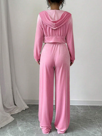 Solid Color Hooded Zipper Long Sleeved Tight Fitting Sports Casual Top And Wide Leg Pants Two-Piece Set, 2-Piece Set, Velvet Warm Fabric, Fashionable, Simple, Casual, Outdoor, Street, Sports, Daily, Hot Girl, Autumn And Winter Women's Young Hot Girl