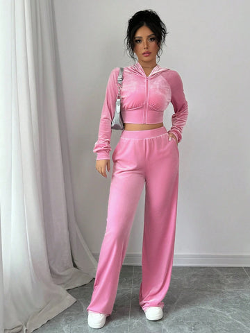 Solid Color Hooded Zipper Long Sleeved Tight Fitting Sports Casual Top And Wide Leg Pants Two-Piece Set, 2-Piece Set, Velvet Warm Fabric, Fashionable, Simple, Casual, Outdoor, Street, Sports, Daily, Hot Girl, Autumn And Winter Women's Young Hot Girl