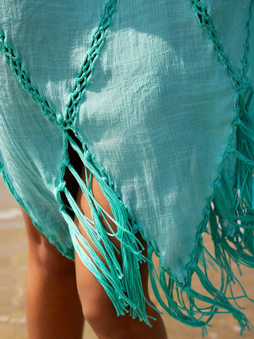 Solid Color Knit Hollow Out Fringe Hem Dress