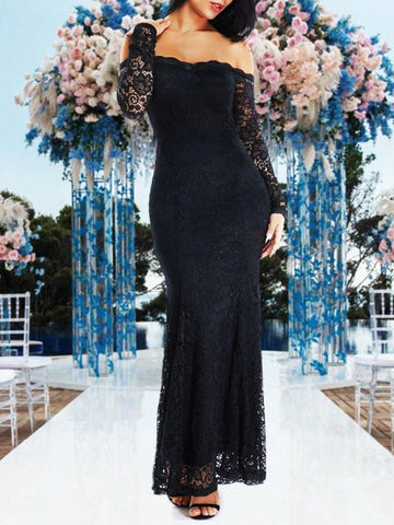 Solid Color Lace Off Shoulder Long Sleeve Slim Bridesmaid Dress