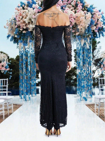 Solid Color Lace Off Shoulder Long Sleeve Slim Bridesmaid Dress