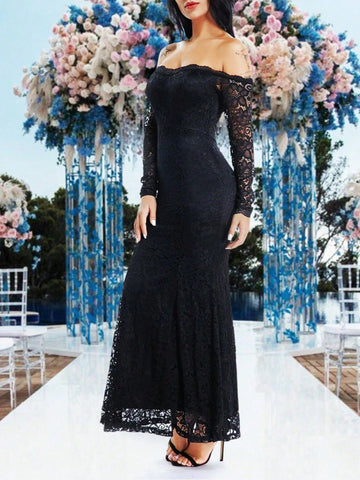 Solid Color Lace Off Shoulder Long Sleeve Slim Bridesmaid Dress