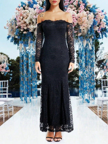 Solid Color Lace Off Shoulder Long Sleeve Slim Bridesmaid Dress