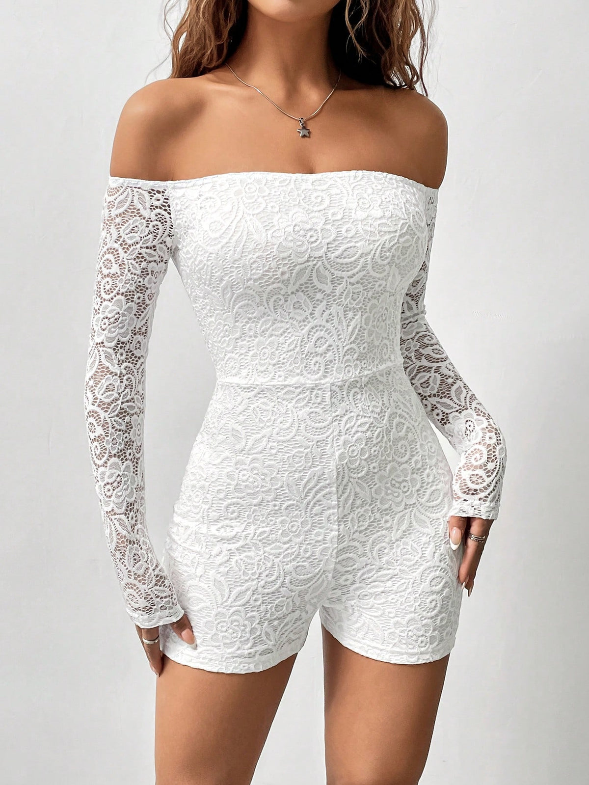 Solid Color Lace Off Shoulder Romper