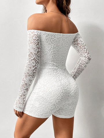 Solid Color Lace Off Shoulder Romper