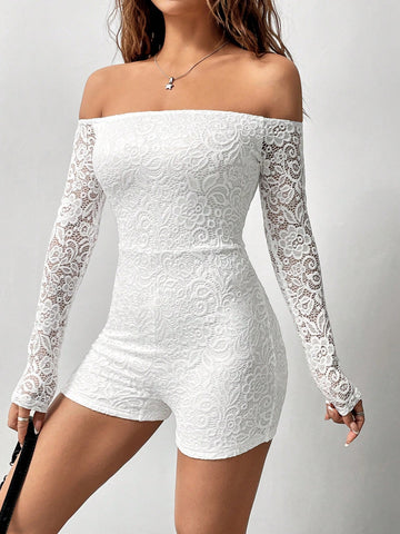 Solid Color Lace Off Shoulder Romper