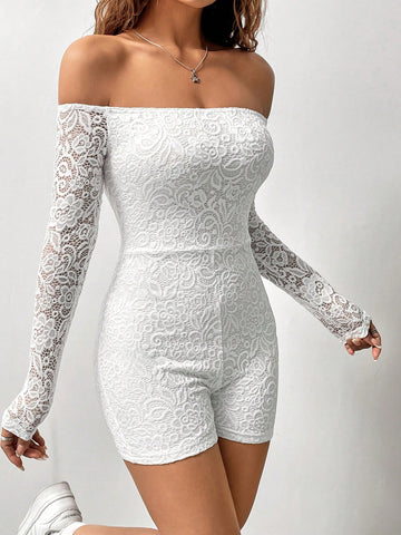 Solid Color Lace Off Shoulder Romper