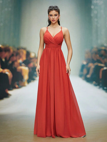 Solid Color Lace Patchwork Backless Halter Bridesmaid Dress For Adult Party